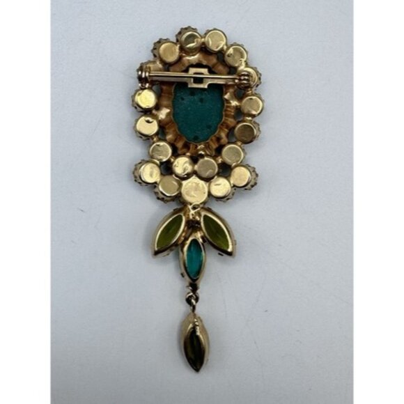 VTG Carved Green Jade Glass Rhinestone Green- Blue Gold Tone Long Dangle Brooch - Picture 7 of 13